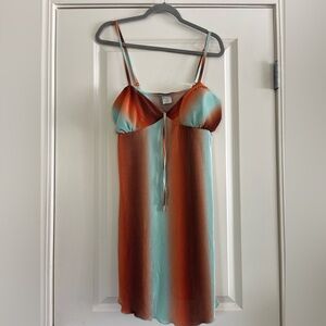 No Boundaries Rust & Aqua Pleated Slip Dress with Tie Front Womens Size Large